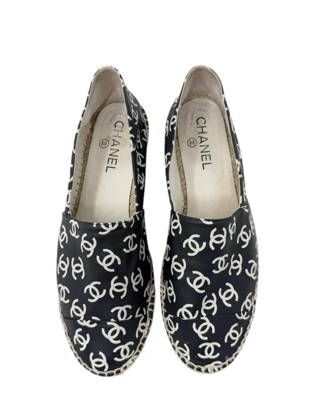Chanel CC Monogram Logo Lambskin Leather Black White Espadrilles Size 40